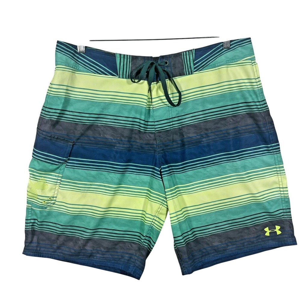 Under‎ Armour Board Shorts Mens 38 Teal Lime Striped HeatGear Storm1 Swim Trunks